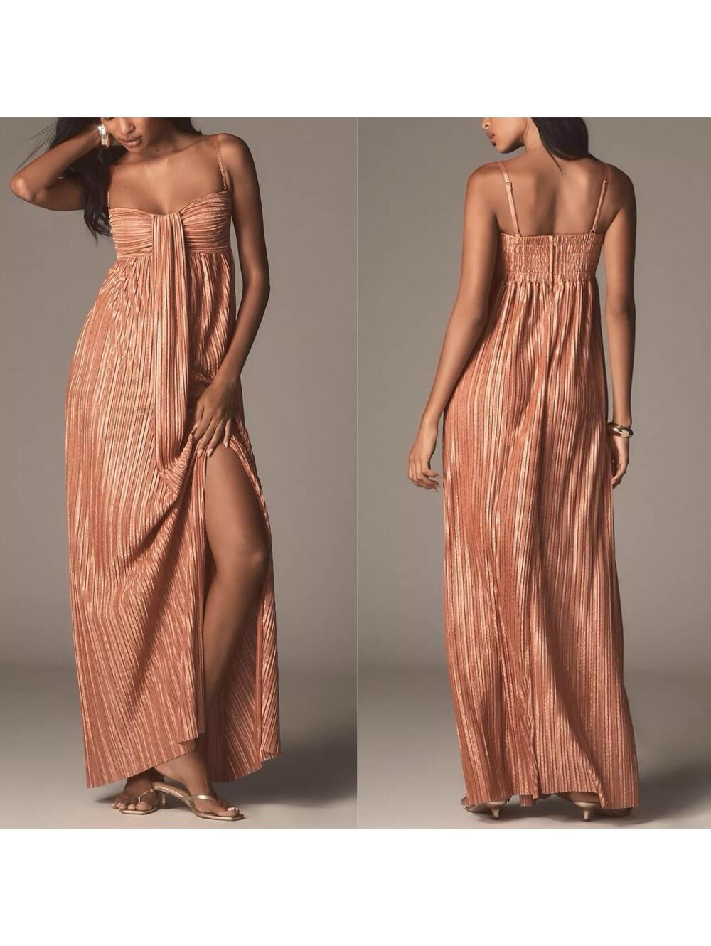 RTR Sabina Musayev Nicola Plisse Halter Draped Pleated Maxi Dress - MED **FLAW**